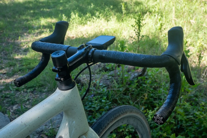 Route sticker on a bike top tube while riding